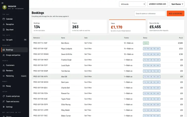 Bookings: 134 bookings and 263 players on the next dates, £1,170 taken by card on your Stripe balance, £5,455 due on the day, and the list of bookings with reference, name, date, tickets, status and paid