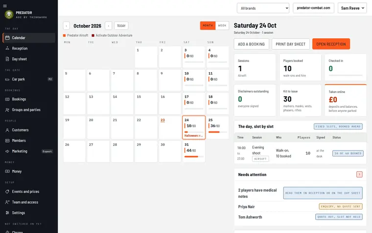 The AOC calendar home: October 2026 in month view with 10 of 60 booked on the 24th, 36 of 60 on the 25th and 44 of 60 on the 31st, and the day panel for Saturday 24 October