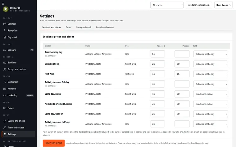 Settings: sessions, prices and places for two brands on one account, with a price, a capacity and a paid-online-or-on-the-day choice per session