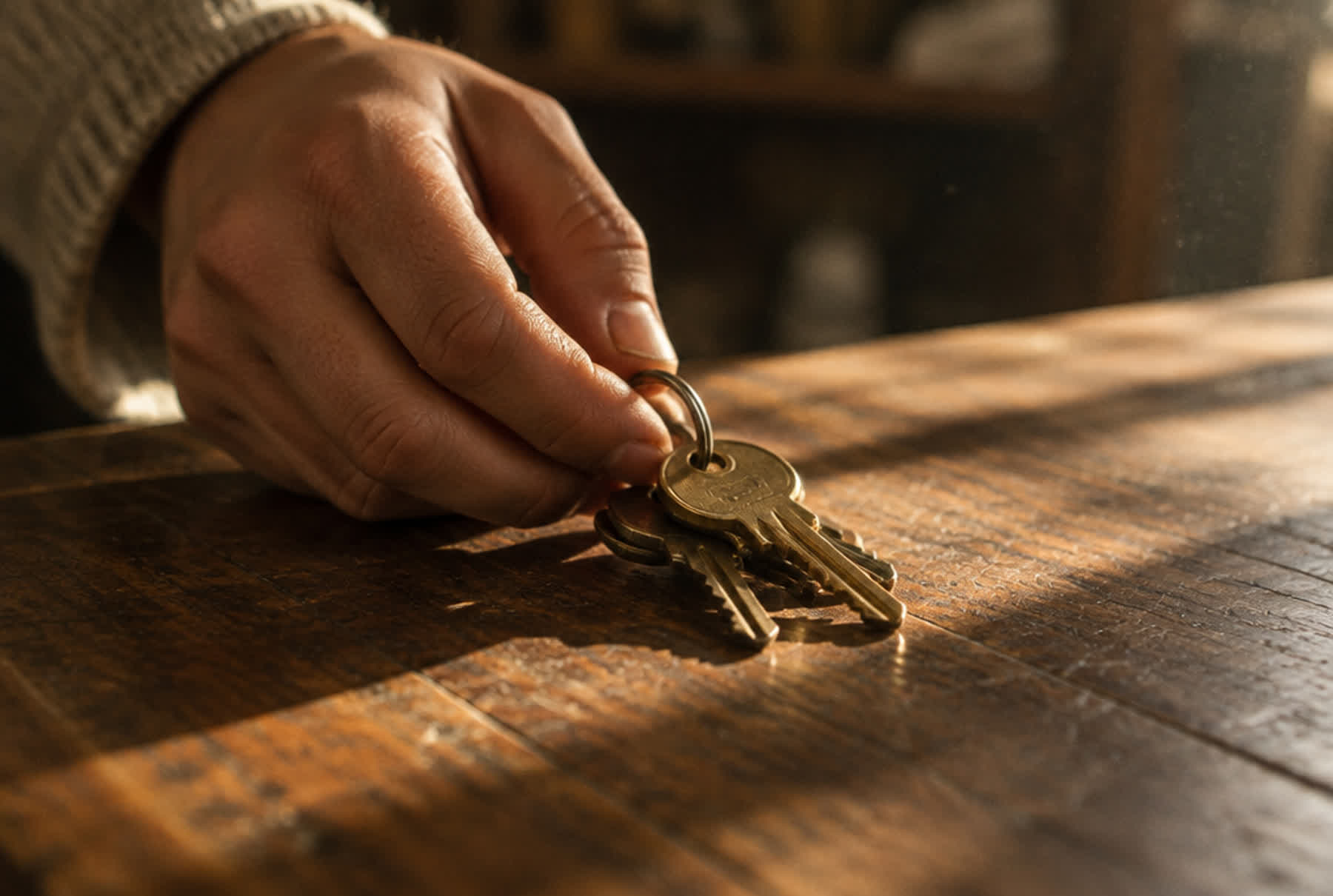 A hand setting a set of keys down on a wooden counter