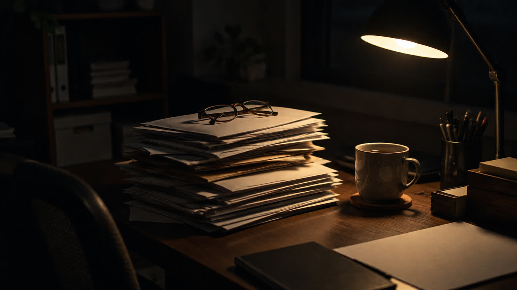 A small business desk at night, piled with paperwork