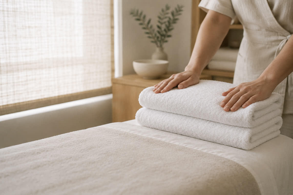 Folded white towels at the end of a treatment couch