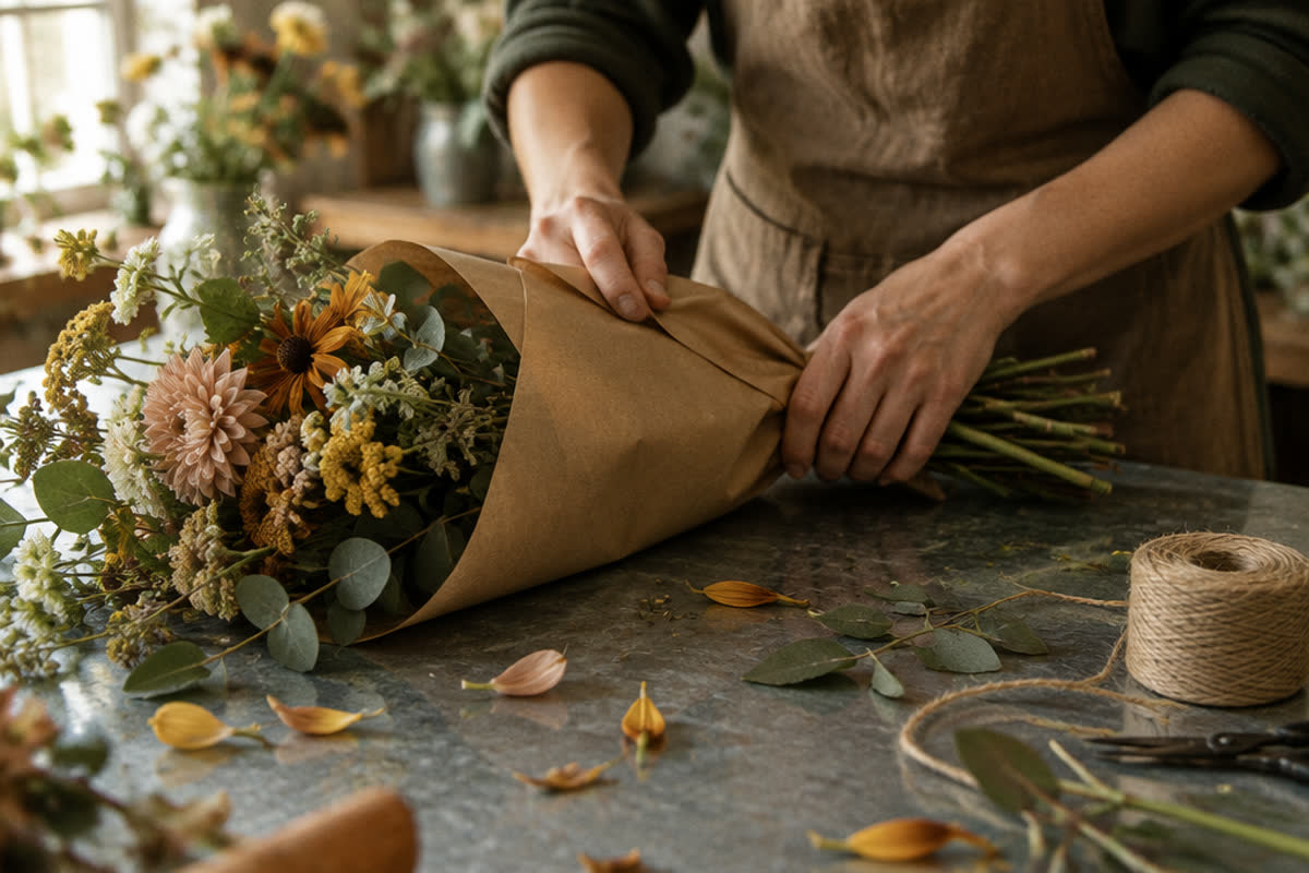 Hands wrapping cut stems in brown kraft paper