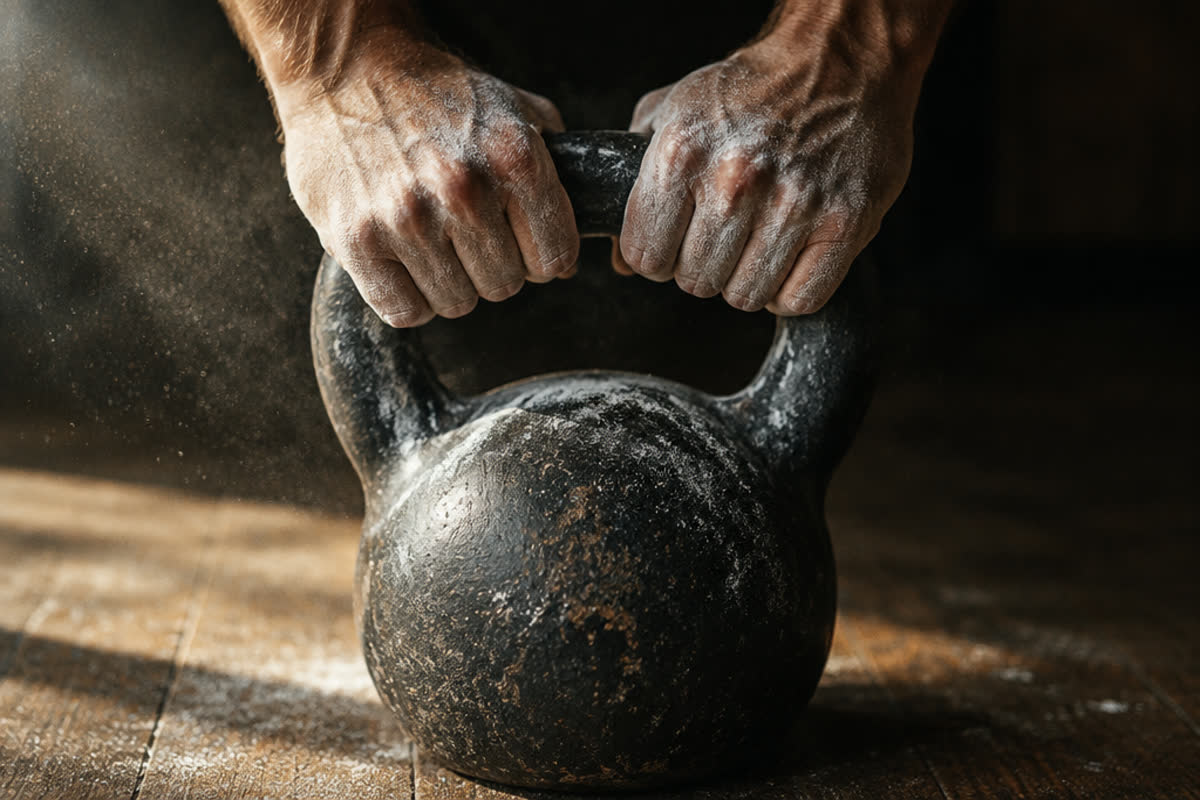 Chalked hands gripping a cast-iron kettlebell