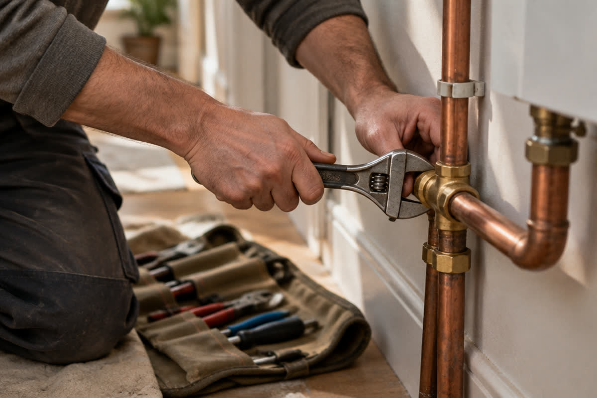 An engineer tightening a brass fitting on copper pipework